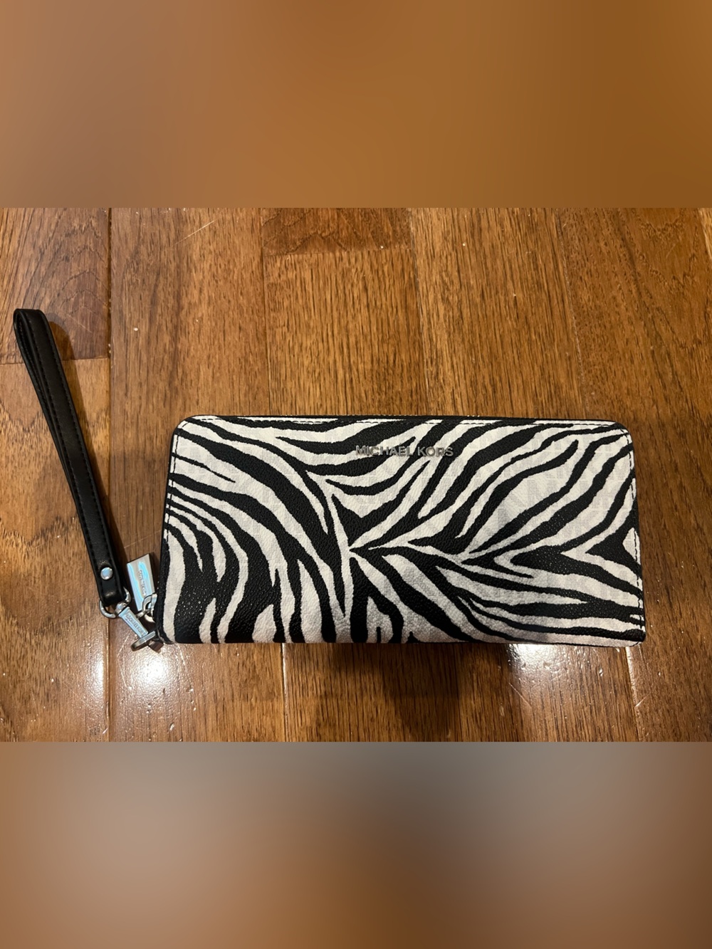 Michael Kors Black and White Zebra Print Zip Wallet Wristlet Jet Set Wallet